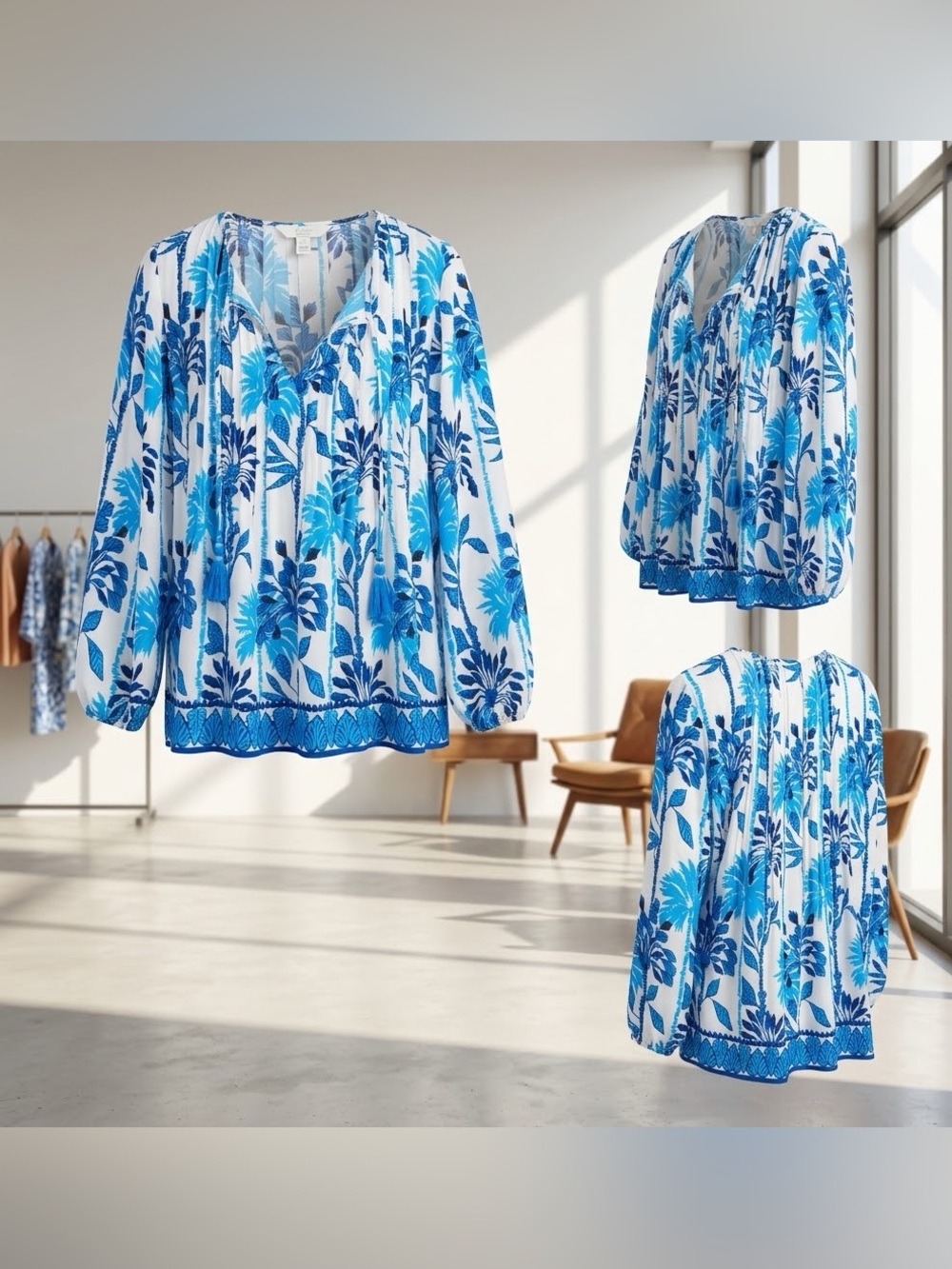 Lilly Pulitzer Blue & White Tropical Palm Print Tassel Tunic Blouse | Medium